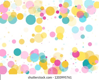 Memphis round confetti modern background in cayn, pink and yellow on white.  Childish pattern vector, children's party birthday celebration background.  Holiday confetti circles in memphis style.