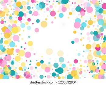 Memphis round confetti modern background in cyan, rose color, gold on white.  Childish pattern vector, children's party birthday celebration background.  Holiday confetti circles in memphis style.