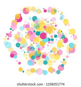 Memphis round confetti modern background in blue, rose color, gold on white.  Childish pattern vector, children's party birthday celebration background.  Holiday confetti circles in memphis style.