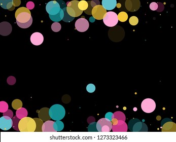 Memphis round confetti modern background in blue, magenta and gold on black.  Childish pattern vector, kid's party birthday celebration background.  Holiday confetti circles in memphis style.