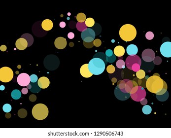 Memphis round confetti modern background in blue, rose color, gold on black.  Childish pattern vector, children's party birthday celebration background.  Holiday confetti circles in memphis style.