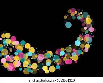 Memphis round confetti modern background in teal, rose color, gold on black.  Childish pattern vector, kid's party birthday celebration background.  Holiday confetti circles in memphis style.