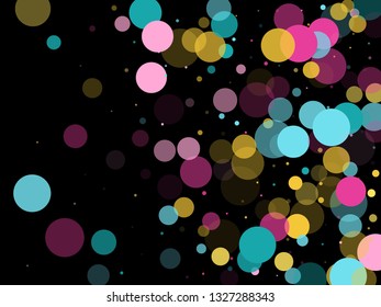Memphis round confetti modern background in teal, rose color, gold on black.  Childish pattern vector, children's party birthday celebration background.  Holiday confetti circles in memphis style.