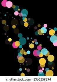 Memphis round confetti modern background in cyan, pink and gold on black.  Childish pattern vector, children's party birthday celebration background.  Holiday confetti circles in memphis style.