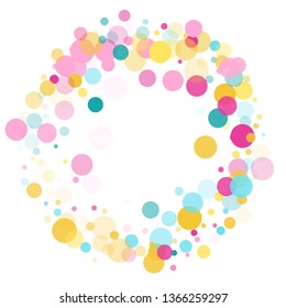 Memphis round confetti modern background in cayn, pink and yellow on white.  Childish pattern vector, children's party birthday celebration background.  Holiday confetti circles in memphis style.
