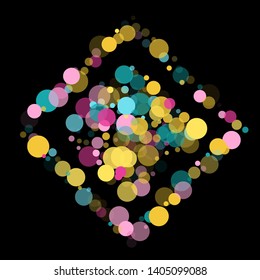 Memphis round confetti modern background in blue, pink and gold on black. Childish pattern vector, kid's party birthday celebration background. Holiday confetti circles in memphis style.