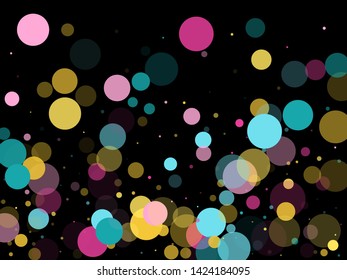 Memphis round confetti modern background in blue, magenta and gold on black.  Childish pattern vector, kid's party birthday celebration background.  Holiday confetti circles in memphis style.