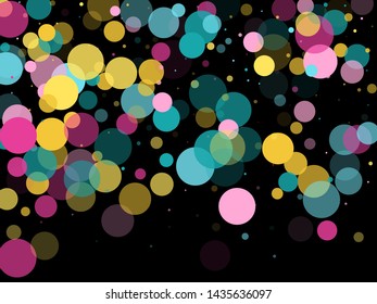 Memphis round confetti modern background in cyan, rose color, gold on black.  Childish pattern vector, children's party birthday celebration background.  Holiday confetti circles in memphis style.