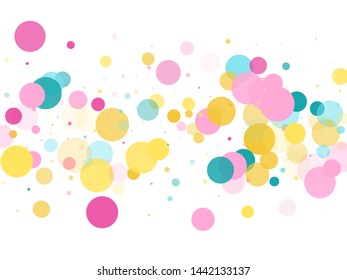 Memphis round confetti modern background in blue, rose color, gold on white.  Childish pattern vector, children's party birthday celebration background.  Holiday confetti circles in memphis style.