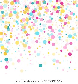 Memphis round confetti modern background in cyan, magenta and gold on white.  Childish pattern vector, children's party birthday celebration background.  Holiday confetti circles in memphis style.