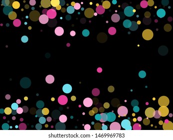 Memphis round confetti modern background in cyan, magenta and gold on black.  Childish pattern vector, kid's party birthday celebration background.  Holiday confetti circles in memphis style.