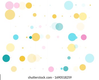 Memphis round confetti modern background in cayn, crimson and yellow on white.  Childish pattern vector, children's party birthday celebration background.  Holiday confetti circles in memphis style.