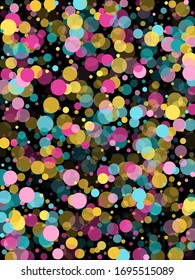 Memphis round confetti modern background in blue, pink and gold on black.  Childish pattern vector, children's party birthday celebration background.  Holiday confetti circles in memphis style.