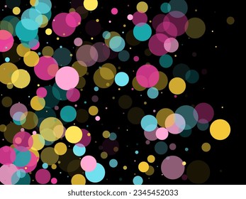 Memphis round confetti modern background in blue, rose color, gold on black. Childish pattern vector, kid's party birthday celebration background. Holiday confetti circles in memphis style.