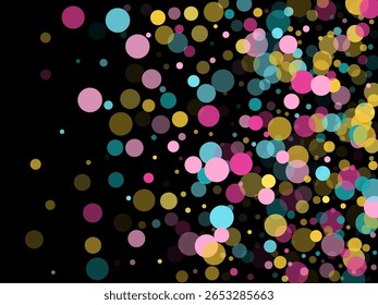 Memphis redonda confete moderno fundo em azul, magenta e ouro em preto. Vetor padrão infantil, fundo de celebração de aniversário de festas infantis. Círculos de confete de férias em estilo memphis.