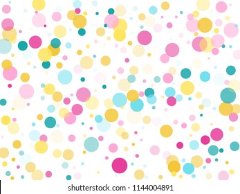 Memphis round confetti retro background in blue, magenta and gold on white.  Childish pattern vector, children's party birthday celebration background.  Holiday confetti circles in memphis style.
