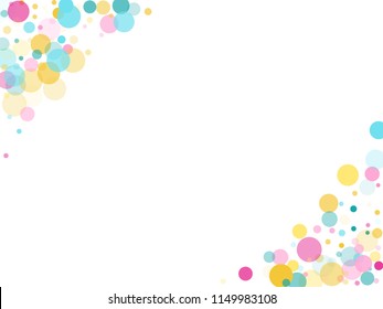 Memphis round confetti retro background in blue, magenta and yellow on white.  Childish pattern vector, children's party birthday celebration background.  Holiday confetti circles in memphis style.