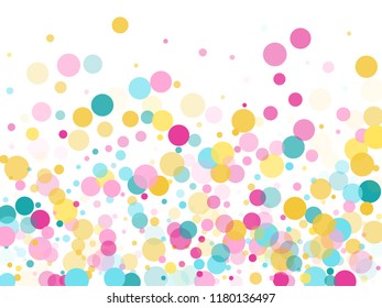 Memphis round confetti retro background in teal, rose color, gold on white.  Childish pattern vector, children's party birthday celebration background.  Holiday confetti circles in memphis style.