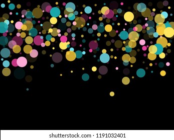 Memphis round confetti retro background in cyan, pink and gold on black.  Childish pattern vector, children's party birthday celebration background.  Holiday confetti circles in memphis style.