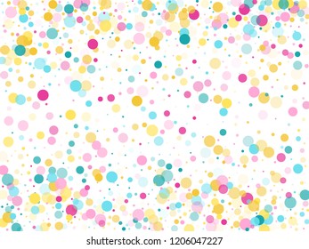 Memphis round confetti retro background in cayn, pink and yellow on white.  Childish pattern vector, children's party birthday celebration background.  Holiday confetti circles in memphis style.