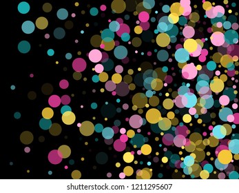 Memphis round confetti retro background in cyan, rose color, gold on black.  Childish pattern vector, kid's party birthday celebration background.  Holiday confetti circles in memphis style.