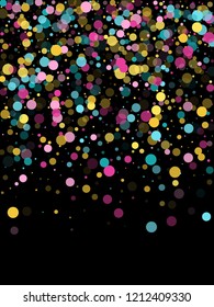 Memphis round confetti retro background in blue, pink and gold on black.  Childish pattern vector, kid's party birthday celebration background.  Holiday confetti circles in memphis style.