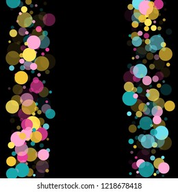 Memphis round confetti retro background in blue, rose color, gold on black.  Childish pattern vector, children's party birthday celebration background.  Holiday confetti circles in memphis style.