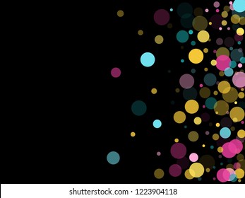 Memphis round confetti retro background in cayn, crimson and yellow on black.  Childish pattern vector, children's party birthday celebration background.  Holiday confetti circles in memphis style.