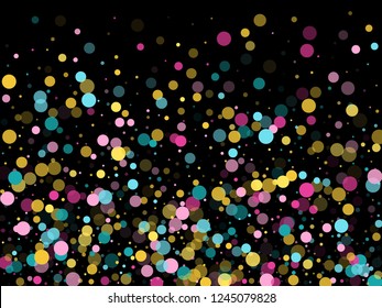 Memphis round confetti retro background in cyan, crimson and gold on black.  Childish pattern vector, children's party birthday celebration background.  Holiday confetti circles in memphis style.