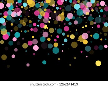 Memphis round confetti retro background in blue, rose color, gold on black.  Childish pattern vector, kid's party birthday celebration background.  Holiday confetti circles in memphis style.