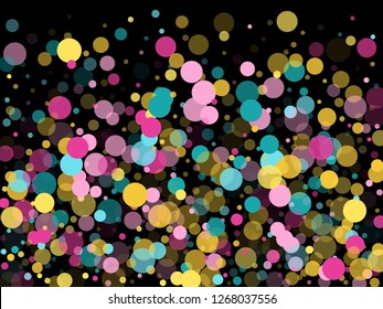 Memphis round confetti retro background in blue, pink and gold on black.  Childish pattern vector, children's party birthday celebration background.  Holiday confetti circles in memphis style.