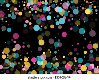 Memphis round confetti retro background in cyan, crimson and gold on black.  Childish pattern vector, children's party birthday celebration background.  Holiday confetti circles in memphis style.