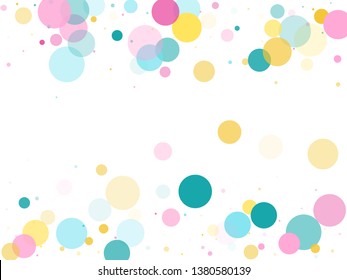 Memphis round confetti retro background in teal, rose color, gold on white.  Childish pattern vector, children's party birthday celebration background.  Holiday confetti circles in memphis style.