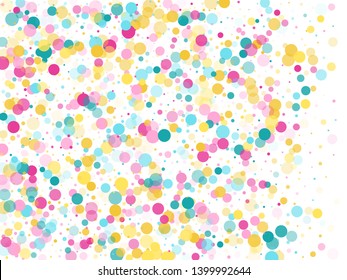 Memphis round confetti retro background in blue, magenta and gold on white.  Childish pattern vector, children's party birthday celebration background.  Holiday confetti circles in memphis style.