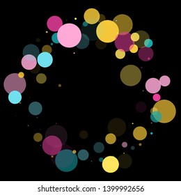 Memphis round confetti retro background in blue, magenta and gold on black.  Childish pattern vector, kid's party birthday celebration background.  Holiday confetti circles in memphis style.
