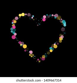 Memphis round confetti retro background in cayn, magenta and yellow on black.  Childish pattern vector, children's party birthday celebration background.  Holiday confetti circles in memphis style.