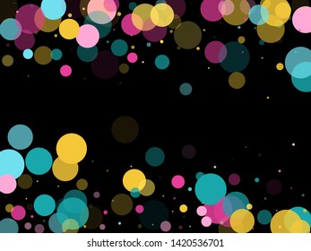 Memphis round confetti retro background in blue, magenta and yellow on black.  Childish pattern vector, children's party birthday celebration background.  Holiday confetti circles in memphis style.