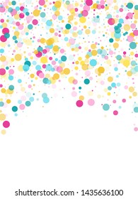 Memphis round confetti retro background in cyan, crimson and gold on white.  Childish pattern vector, children's party birthday celebration background.  Holiday confetti circles in memphis style.