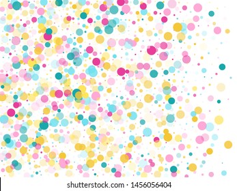 Memphis round confetti retro background in cyan, pink and gold on white.  Childish pattern vector, children's party birthday celebration background.  Holiday confetti circles in memphis style.