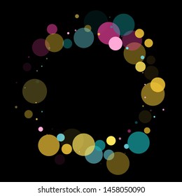 Memphis round confetti retro background in teal, rose color, gold on black.  Childish pattern vector, children's party birthday celebration background.  Holiday confetti circles in memphis style.