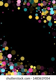 Memphis round confetti retro background in blue, rose color, gold on black.  Childish pattern vector, kid's party birthday celebration background.  Holiday confetti circles in memphis style.