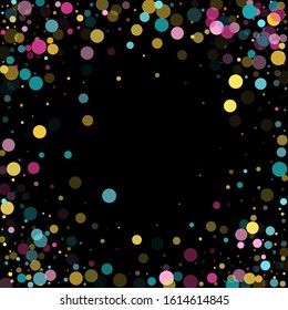 Memphis round confetti retro background in cyan, crimson and gold on black.  Childish pattern vector, kid's party birthday celebration background.  Holiday confetti circles in memphis style.