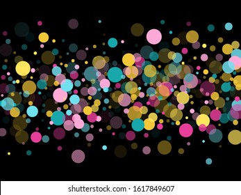Memphis round confetti retro background in blue, crimson and yellow on black.  Childish pattern vector, children's party birthday celebration background.  Holiday confetti circles in memphis style.