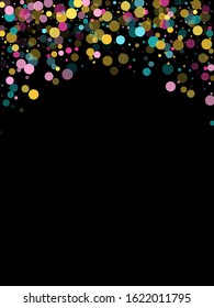 Memphis round confetti retro background in blue, magenta and gold on black.  Childish pattern vector, kid's party birthday celebration background.  Holiday confetti circles in memphis style.