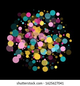Memphis round confetti retro background in blue, pink and yellow on black.  Childish pattern vector, kid's party birthday celebration background.  Holiday confetti circles in memphis style.