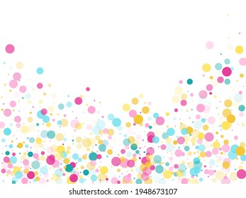 Memphis round confetti retro background in cyan, pink and gold on white. Childish pattern vector, children's party birthday celebration background. Holiday confetti circles in memphis style.