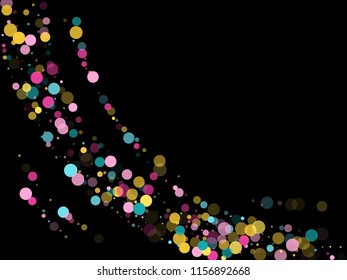 Memphis round confetti trendy background in blue, magenta and gold on black.  Childish pattern vector, children's party birthday celebration background.  Holiday confetti circles in memphis style.