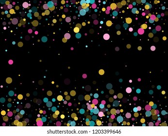 Memphis round confetti trendy background in blue, rose color, gold on black.  Childish pattern vector, kid's party birthday celebration background.  Holiday confetti circles in memphis style.