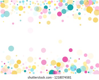 Memphis round confetti trendy background in blue, crimson and yellow on white.  Childish pattern vector, children's party birthday celebration background.  Holiday confetti circles in memphis style.