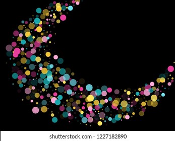Memphis round confetti trendy background in cayn, magenta and yellow on black.  Childish pattern vector, kid's party birthday celebration background.  Holiday confetti circles in memphis style.